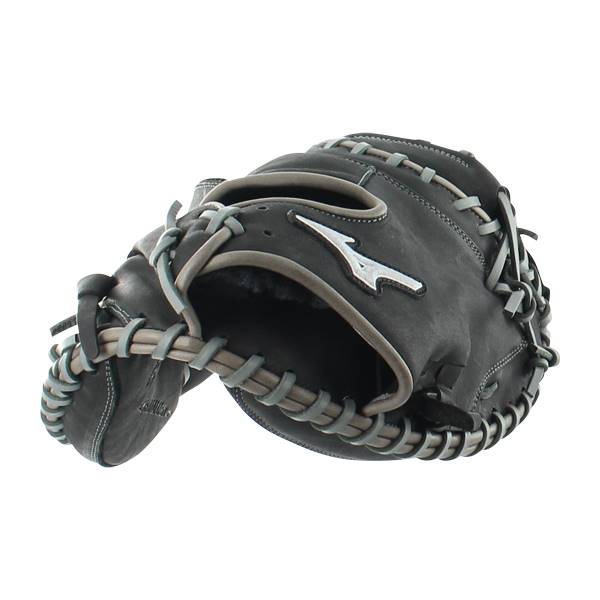 Side view of a black catchers mitt with grey lacing and a white Mizuno logo.