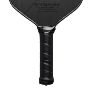 Top-down view of a black pickleball paddle with ENGAGE branding and a perforated grip.