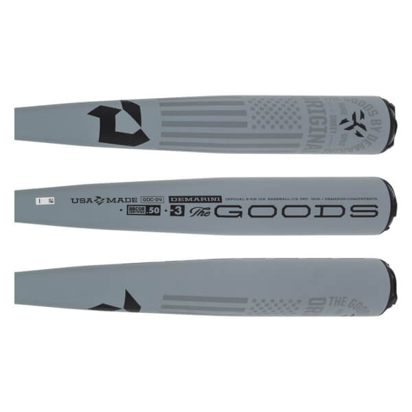 Side view of a gray baseball bat with DEMARINI The GOODS text and an American flag graphic.
