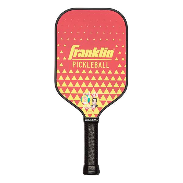Front view of a red pickleball paddle with yellow triangles, Franklin Pickleball text, and two portraits.