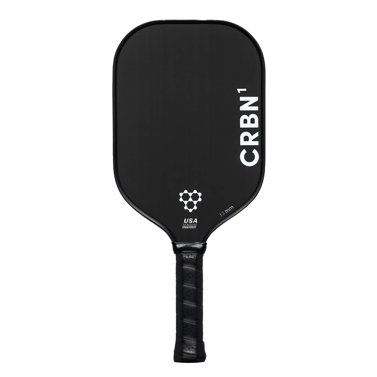 Front view of a black pickleball paddle with CRBN¹ branding, a honeycomb logo, and 13 mm text.