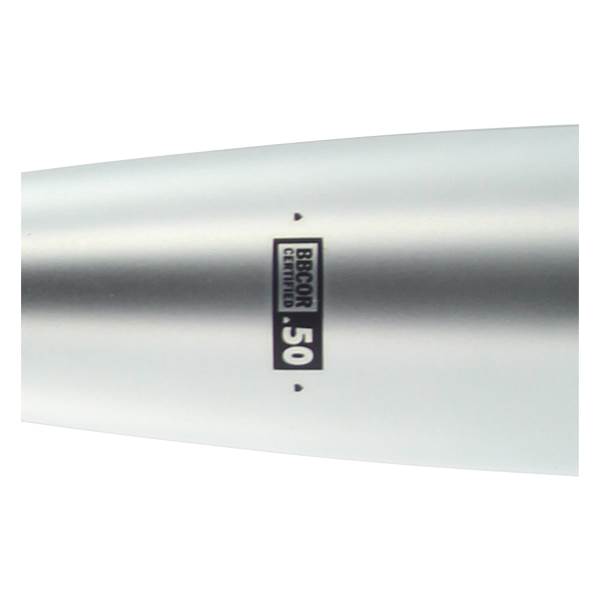 Close-up of a silver baseball bat with BBCOR CERTIFIED .50 text.