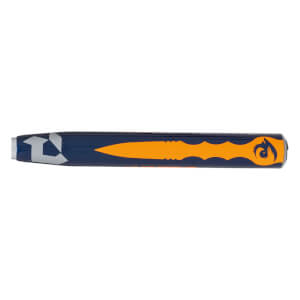 Side view of a blue softball bat with orange graphics and a stylized eye design.