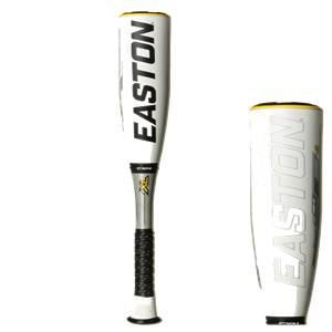 Front view of a white baseball bat with black Easton branding, yellow accents, and a black grip.