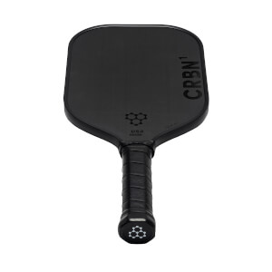 Top-down view of a black CRBN pickleball paddle with honeycomb logo and CRBN text.