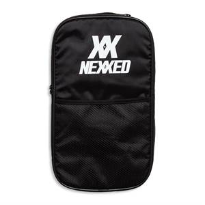 Front view of a black paddle bag with white Nexxed logo and a mesh pocket.