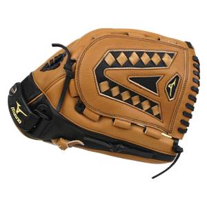 Side view of a tan and black baseball glove with diamond stitching and Mizuno logo.