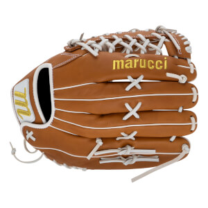 Back view of a tan baseball glove with white laces, featuring a gold marucci logo on the finger and a white wrist strap with a gold logo.