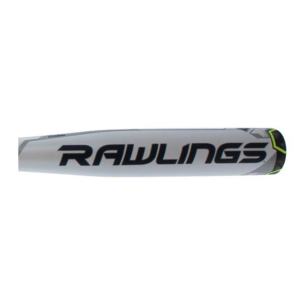 Side view of a white baseball bat with black Rawlings branding and a lime green accent.