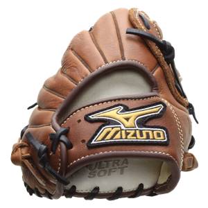 Close-up of a brown softball glove with Mizuno logo and ULTRA SOFT text.