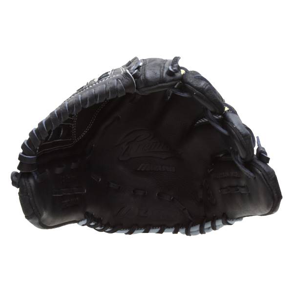 Top-down view of a black Mizuno softball glove with white stitching and a debossed logo.