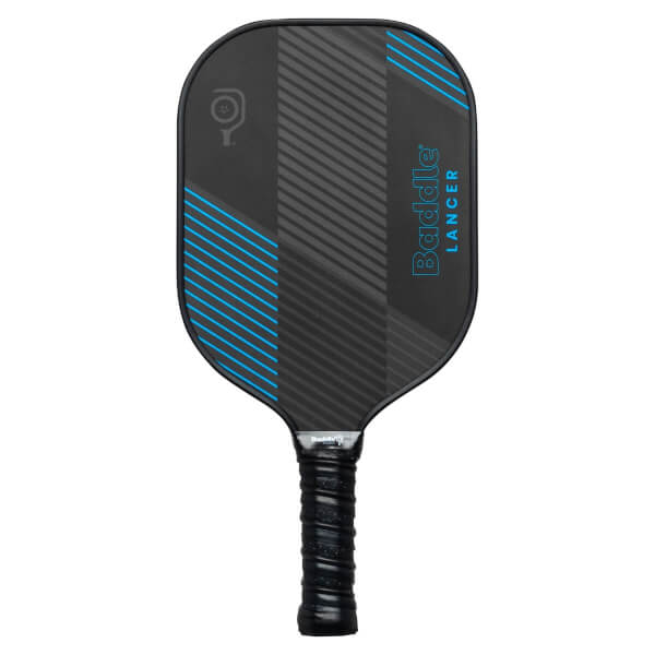 Front view of a black Baddle Lancer pickleball paddle with blue stripe accents and a textured grip.