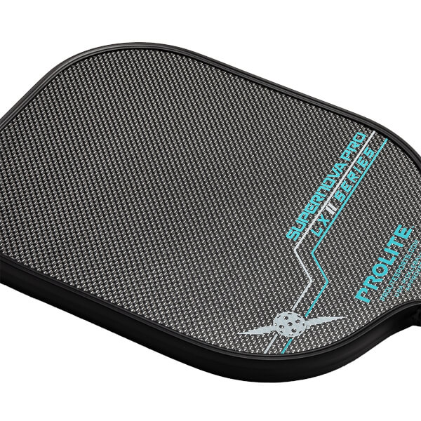 Corner view of a black pickleball paddle with a carbon fiber surface, PROLITE text, and SUPERNOVA PRO LX II SERIES text.