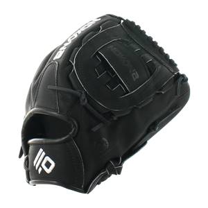 Side view of a black baseball glove with white stitching and NOKONA branding.