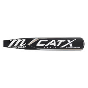 Side view of a black baseball bat with white marucci and CATX logos, and VANTA COMPOSITE text.