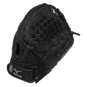 Front view of a black fastpitch mitt with a woven web, MAX FLEX text, and Mizuno branding.