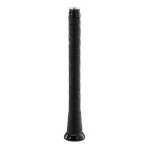 Close-up of a black baseball bat grip with a textured pattern and silver end cap.