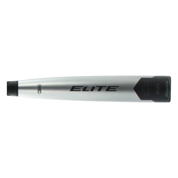 Side view of a silver baseball bat with ELITE branding and a black end cap.