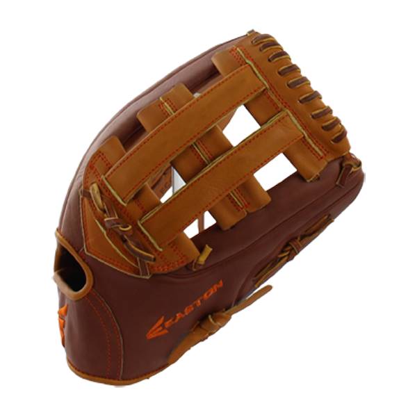 Side view of a brown baseball glove with tan lacing and an orange Easton logo.