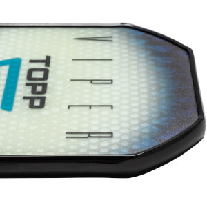 Corner view of a white pickleball paddle with blue and black accents and TOPP VIPER text.