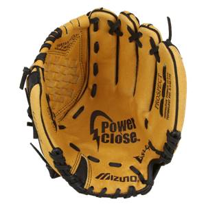 Top-down view of a tan baseball glove with black lacing, Power Close logo, and Mizuno branding.