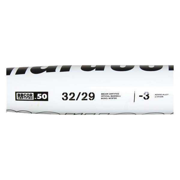 Side view of a black baseball bat with BBCOR CERTIFIED .50, 32/29, MODEL MCBTBK, and -3 markings.
