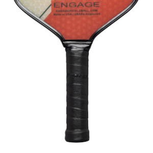 Top-down view of a black pickleball paddle grip with Engage branding and USAPA Approved text.