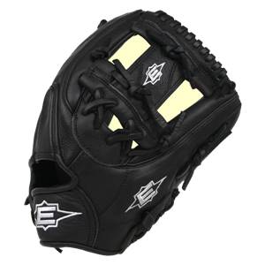 Top-down view of a black baseball glove with white Easton logos and yellow padding.