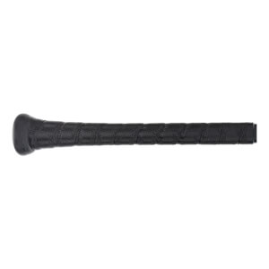 Side view of a black baseball bat with a textured grip and rounded end cap.