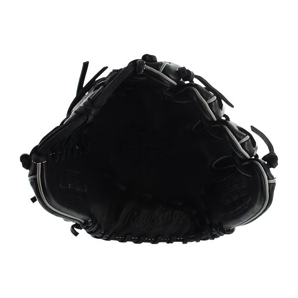 Top-down view of a black baseball glove with white lacing and embossed Rawlings logo.
