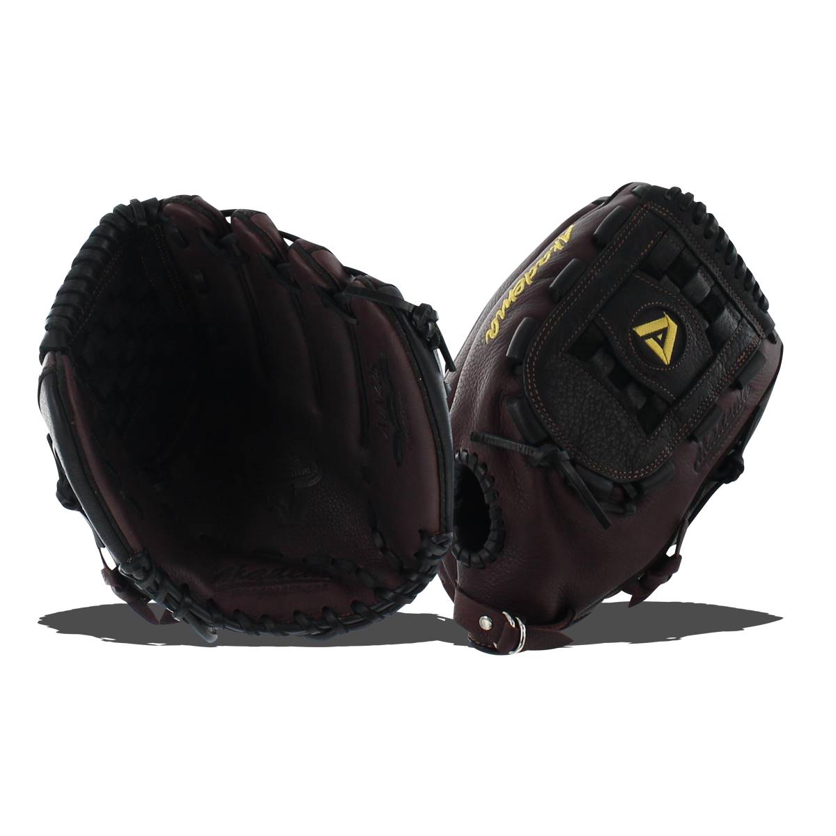 Side view of a brown baseball glove with Akadema in gold script and a yellow triangle logo.