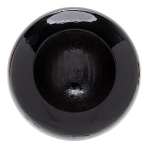 End view of a black baseball bat with a glossy finish and a deep, cupped barrel showing wood grain inside.
