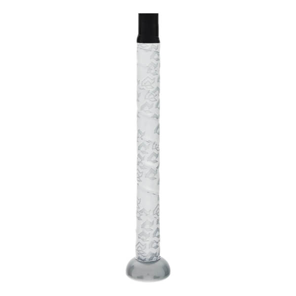 Close-up of a white baseball bat grip with a gray geometric pattern, a black top, and a gray rounded knob.