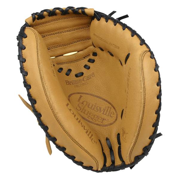 Inside view of a tan Louisville Slugger catchers mitt with black lacing and Bruise-Guard Padding text.
