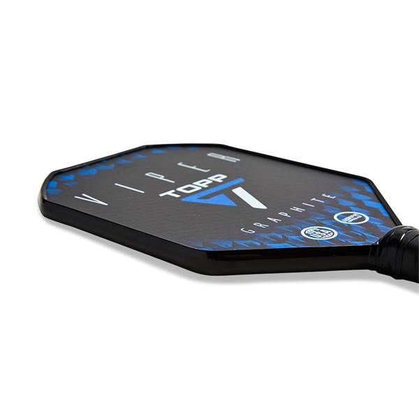Corner view of a black pickleball paddle with blue checkered accents, TOPP VIPER text, and GRAPHITE text.