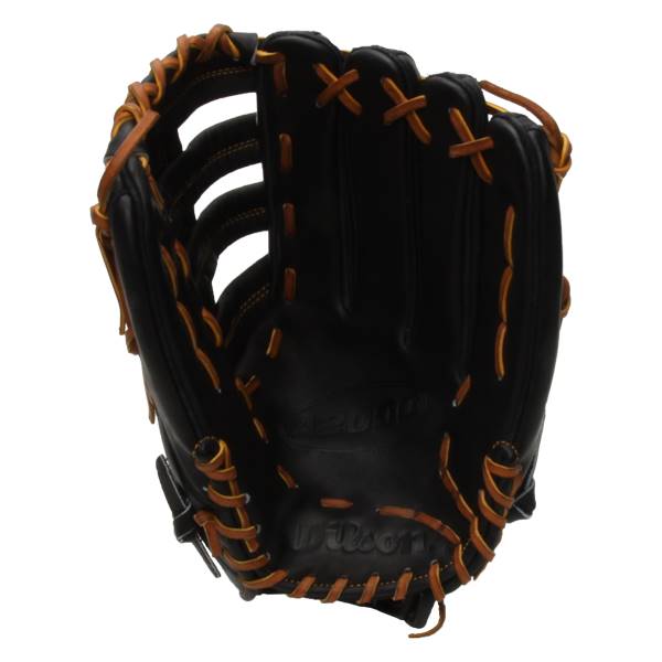 Front view of a black baseball glove with tan lacing and Wilson branding.