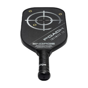 Front view of a black pickleball paddle with a target design, POACH INFINITY LX text, and ENGAGE logo.