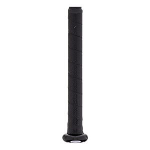 Close-up of a black baseball bat grip with a textured, perforated surface and a shiny black end cap.