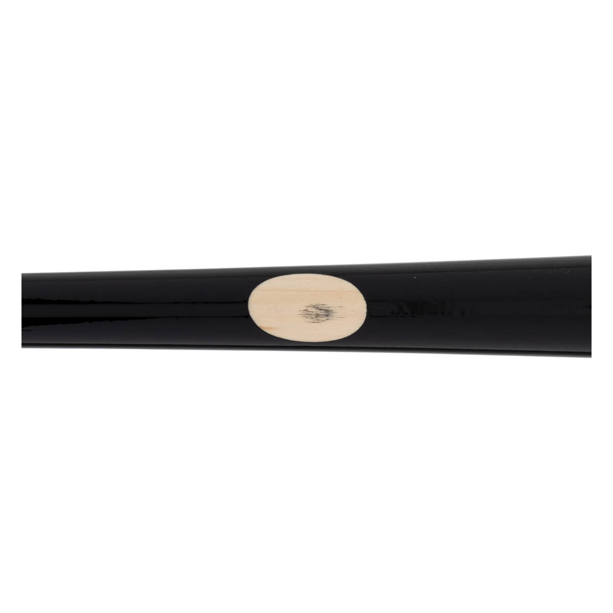 Close-up of a black baseball bat with an oval wood-grain patch on its smooth surface.