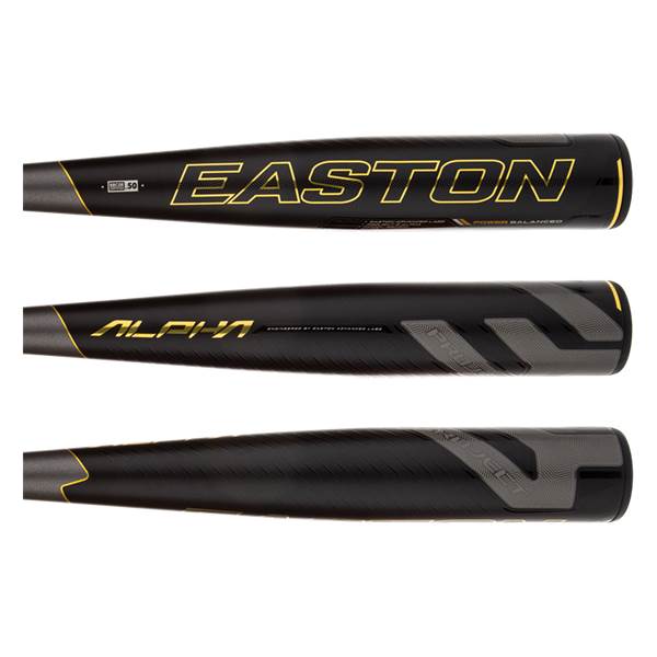 Side view of a black baseball bat with gold Easton branding and a textured grip.