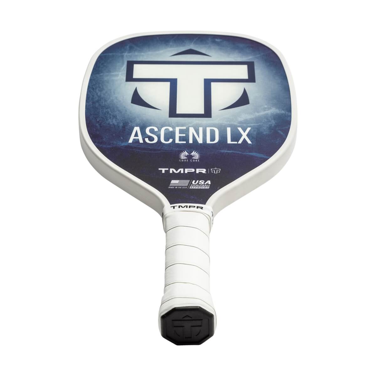 Front view of a white pickleball paddle with a blue and white graphic, ASCEND LX text, and a white grip.