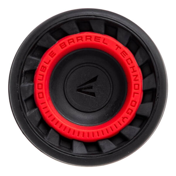 Top-down view of a black and red softball bat end cap with a red ring displaying DOUBLE BARREL TECHNOLOGY and a central Easton logo.