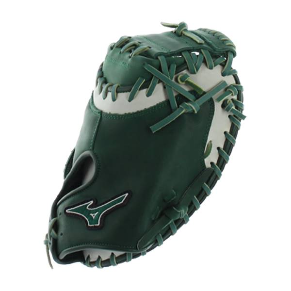 Front view of a green baseball glove with white accents and a Mizuno logo.