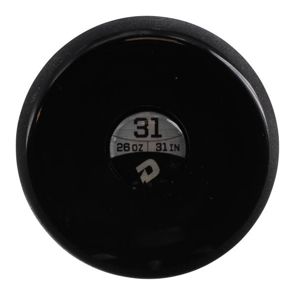 End cap view of a black baseball bat with 31, 26 OZ, 31 IN, and a DeMarini logo.