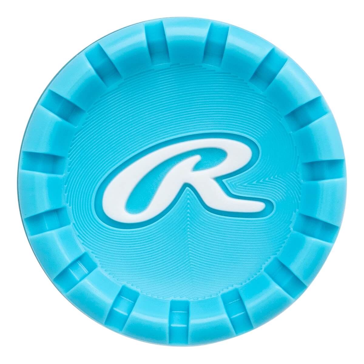 Top-down view of a blue baseball bat end cap with a white Rawlings logo and ridged edge.