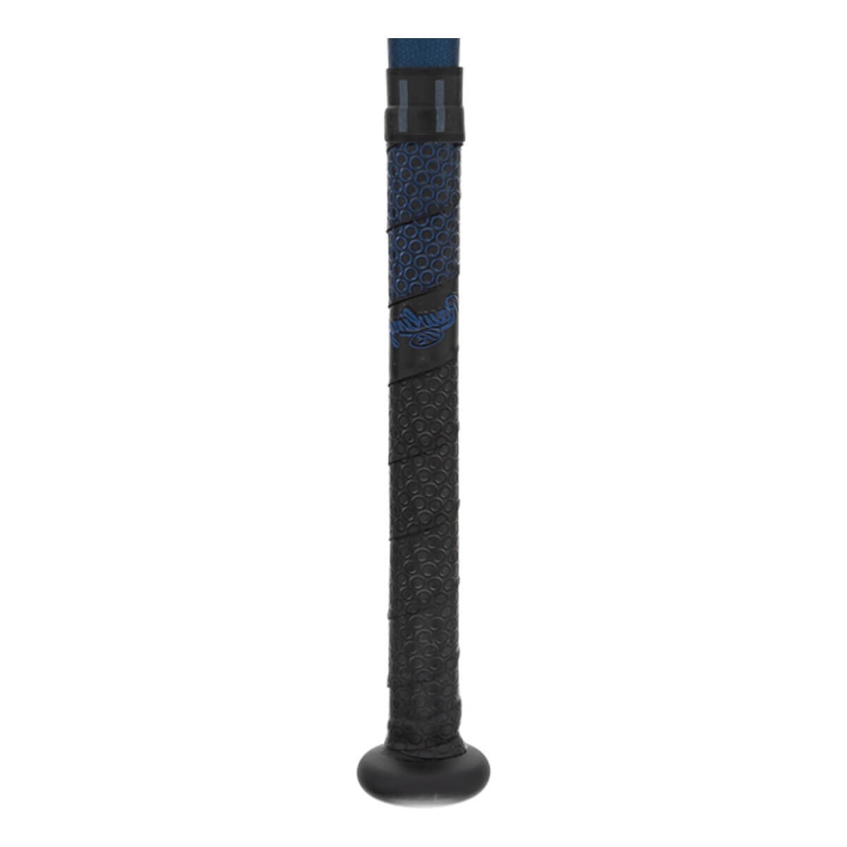 Close-up of a black baseball bat grip with blue patterned texture and Rawlings logo.