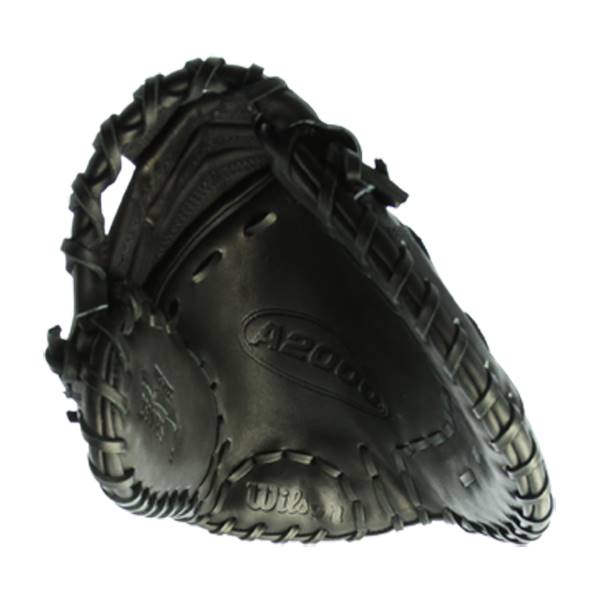 Top-down view of a black baseball glove with A2000 and Wilson branding.