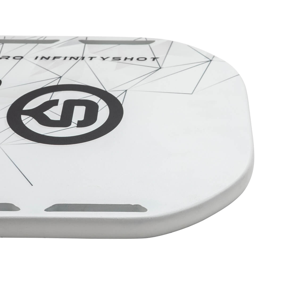 Corner view of a white pickleball paddle with black INFINITYSHOT text and a black logo.