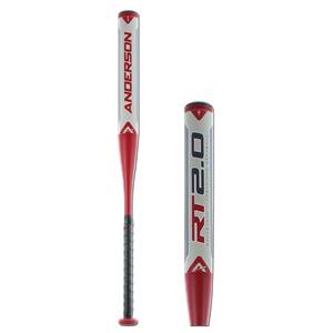 Side view of a red and white Anderson RockeTech 2.0 fastpitch softball bat with black grip.