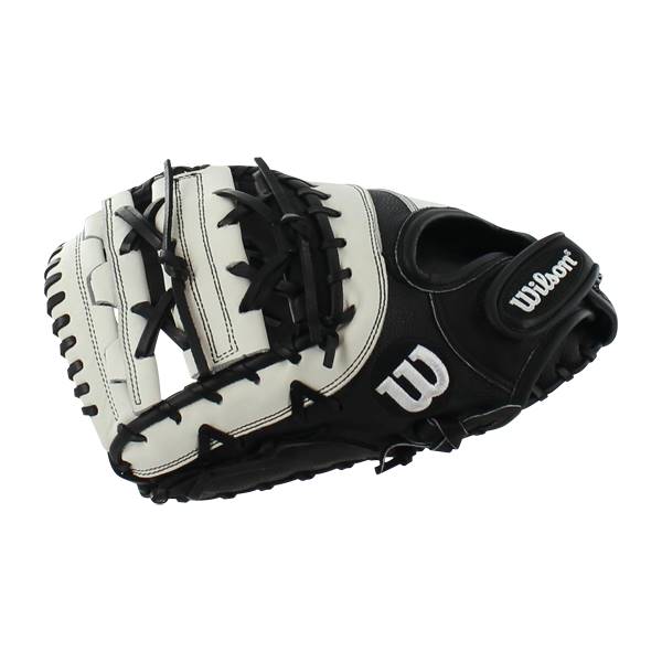 Side view of a black and white baseball glove with Wilson branding and a large W logo.